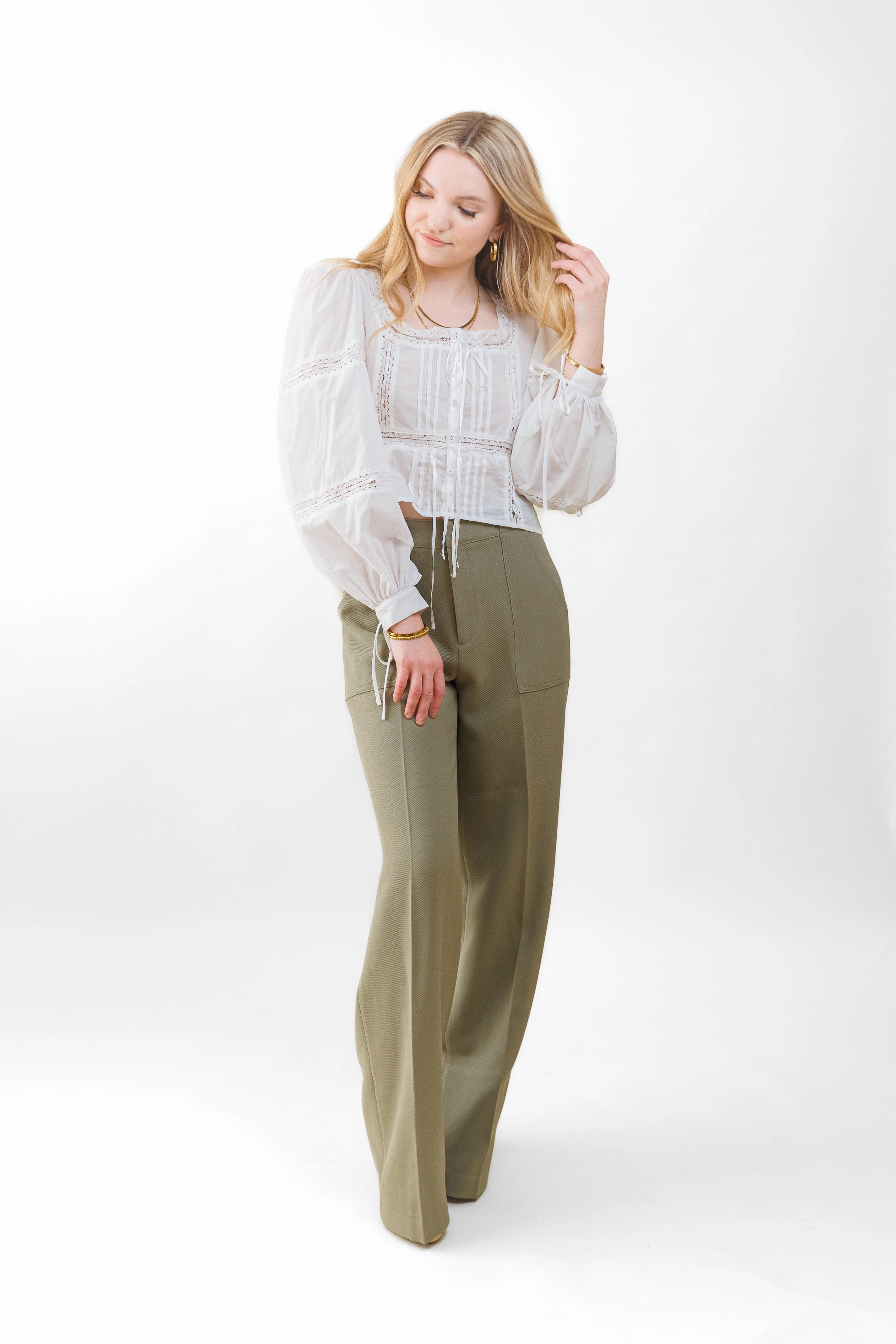 JENNA TEXTURED WIDE-LEG PANTS Button front
