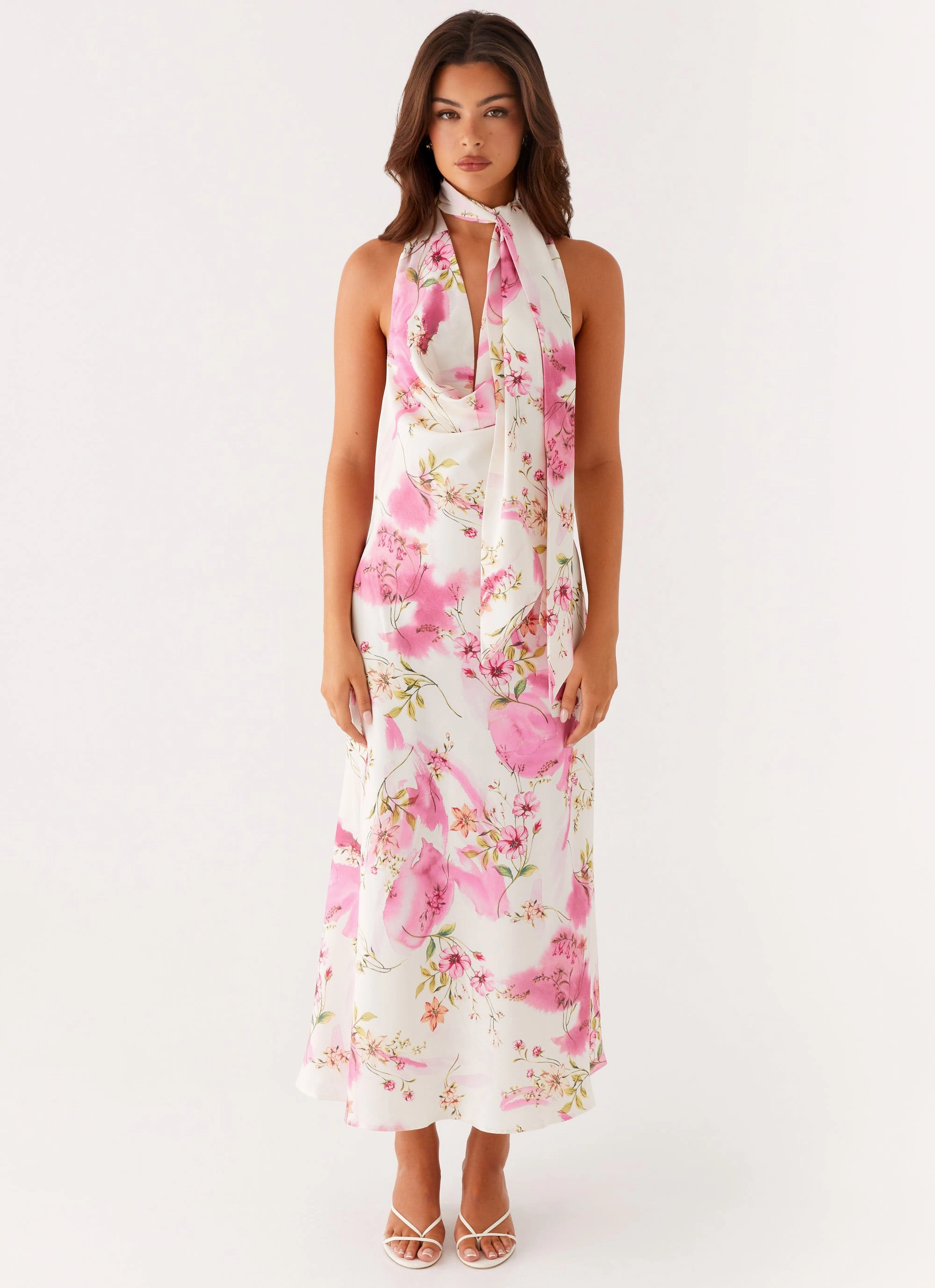 Jensen Midi Dress - Ivory Floral Print Satin Touch Mood Booster