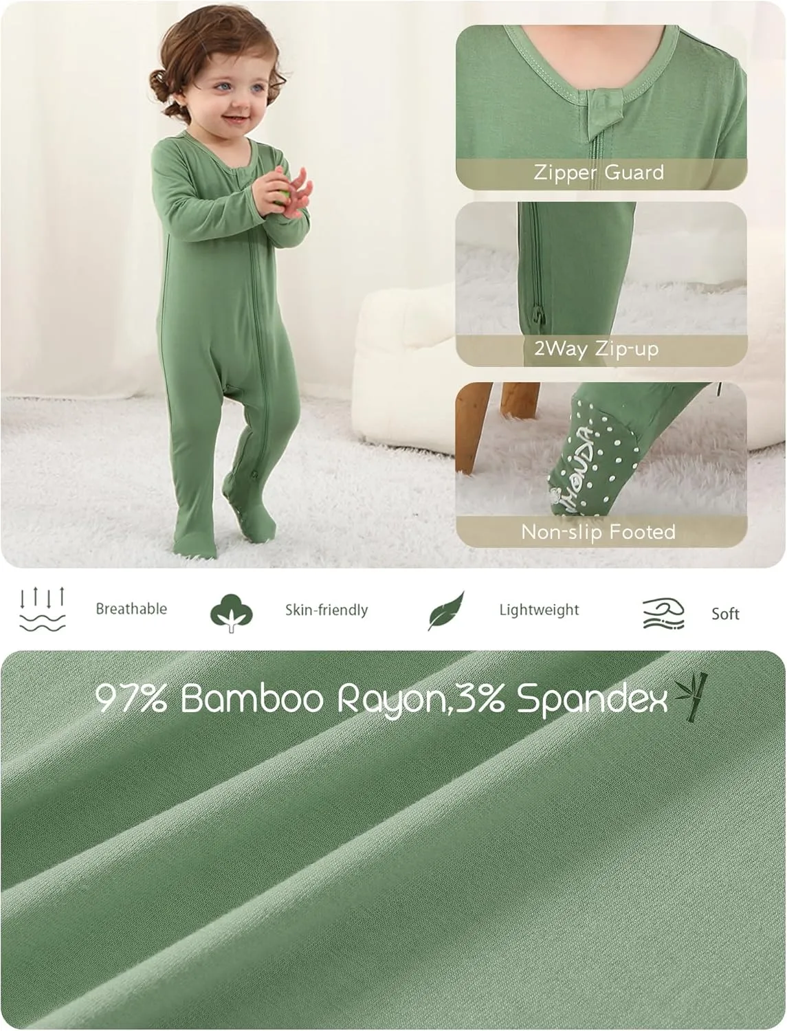 Jimonda Baby Boy Romper 4-Pack - Bamboo Zip-Up Pajamas for 0-24 Months,Unisex Footed Sleepers,Ultra-Soft Stretchy Fabric