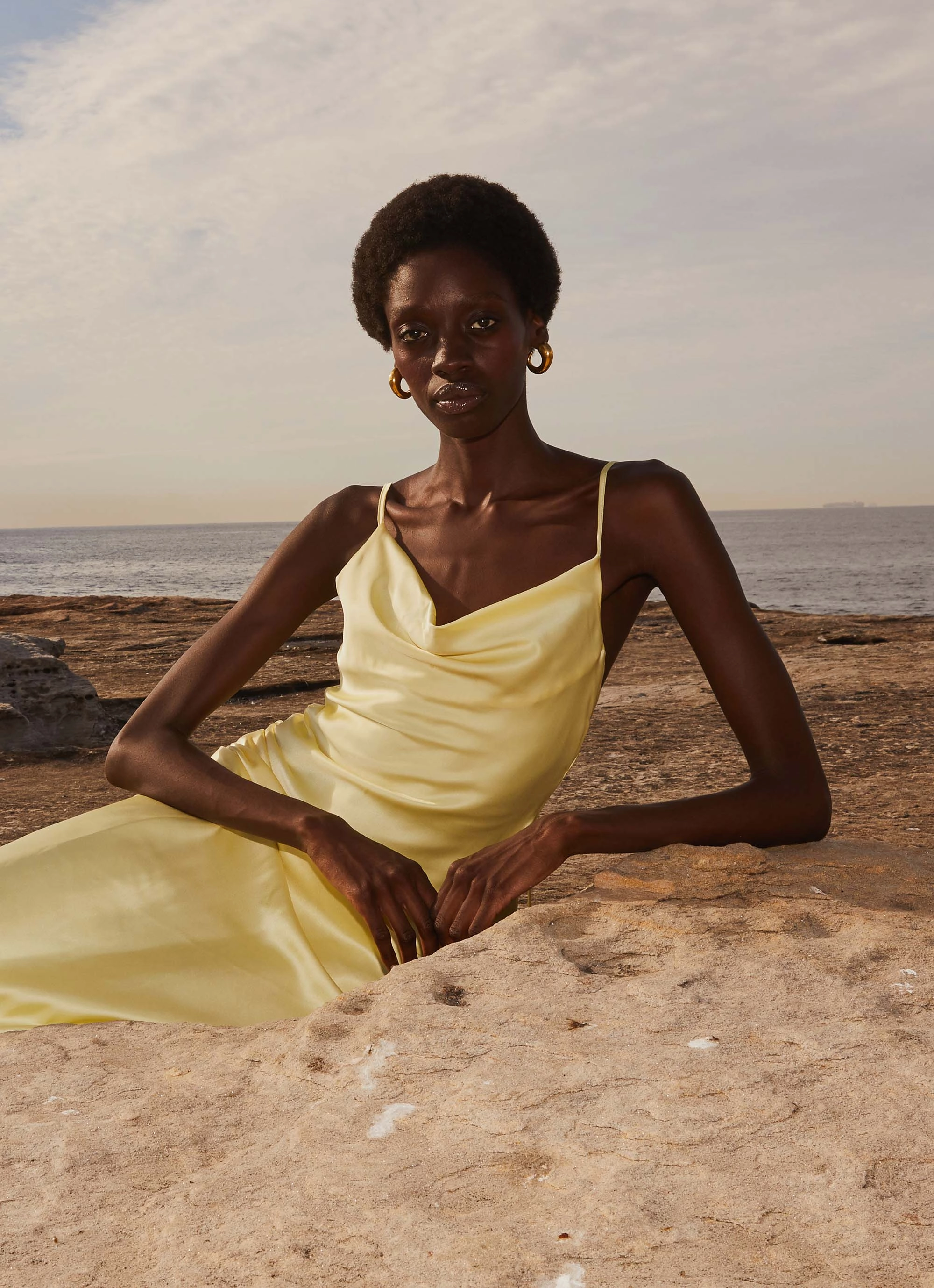 Joanna Satin Maxi Dress - Lemon Vibrant pattern Dainty Finish
