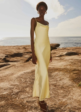 Chill Friendly Autumn-Season Joanna Satin Maxi Dress - Lemon