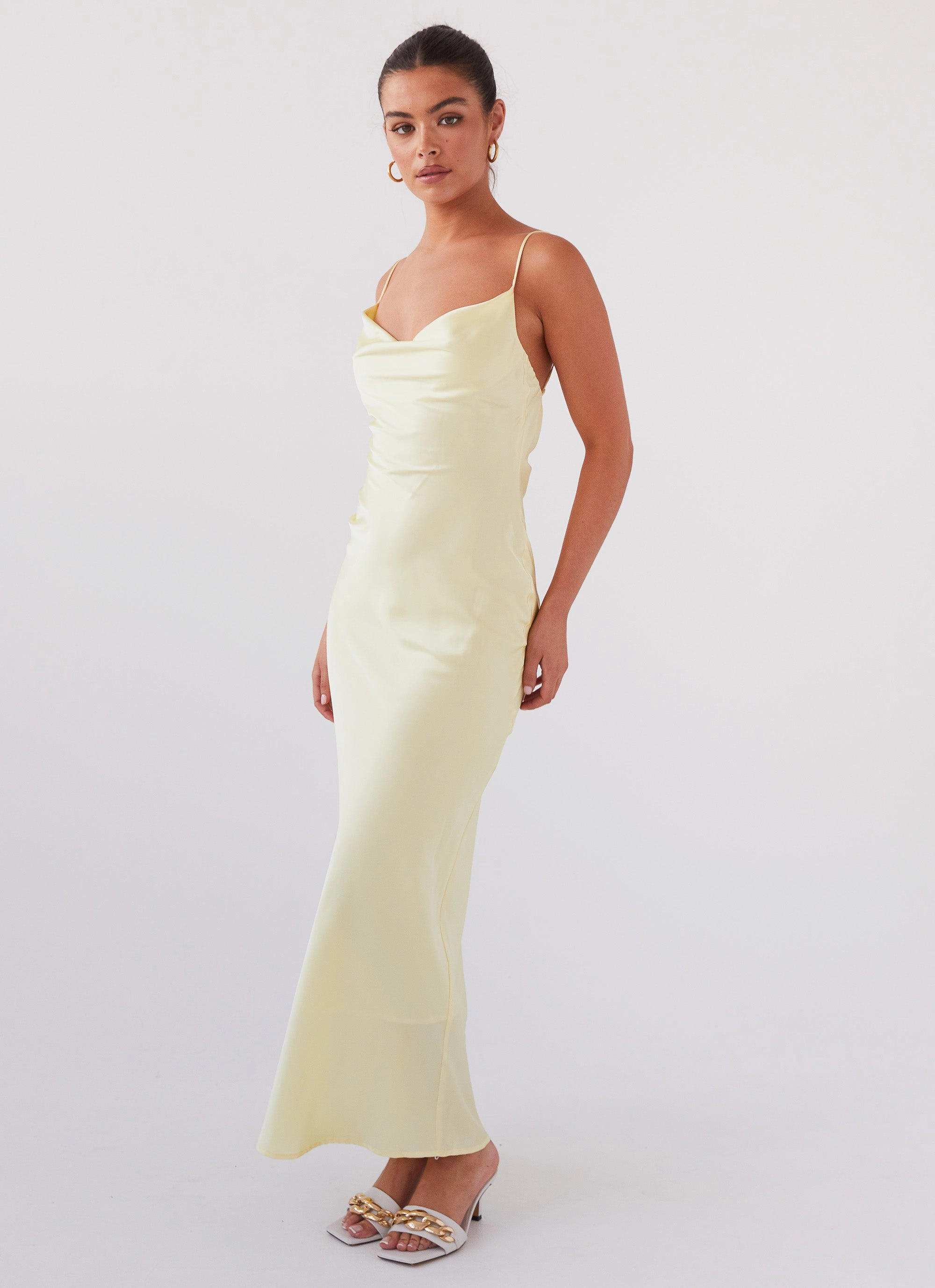 Joanna Satin Maxi Dress - Lemon retro-style Urban Chic