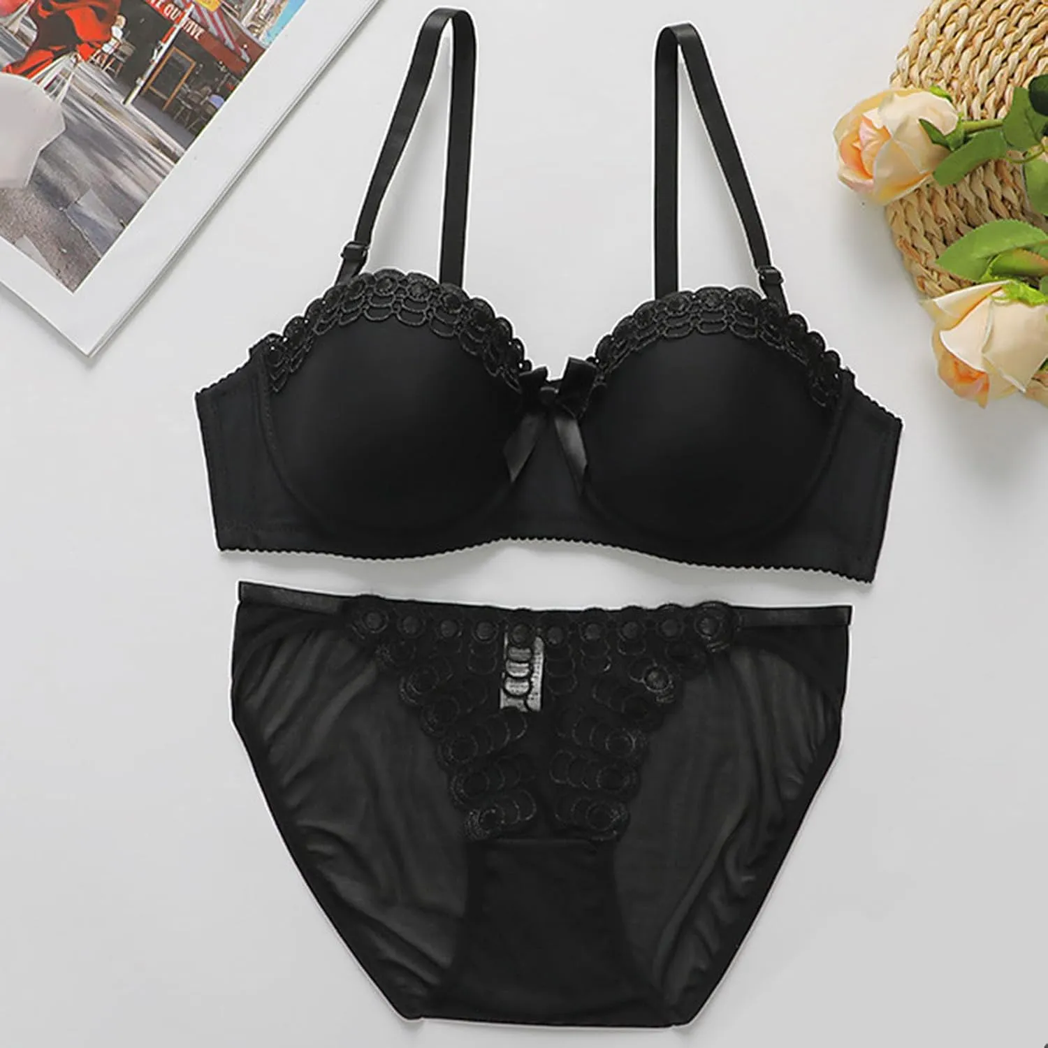 JOAU Sexy Lingerie for Women Lace Push Up Bra and Panty Set 2 Piece Underwire Bralette Strappy Babydoll Underwear Sets