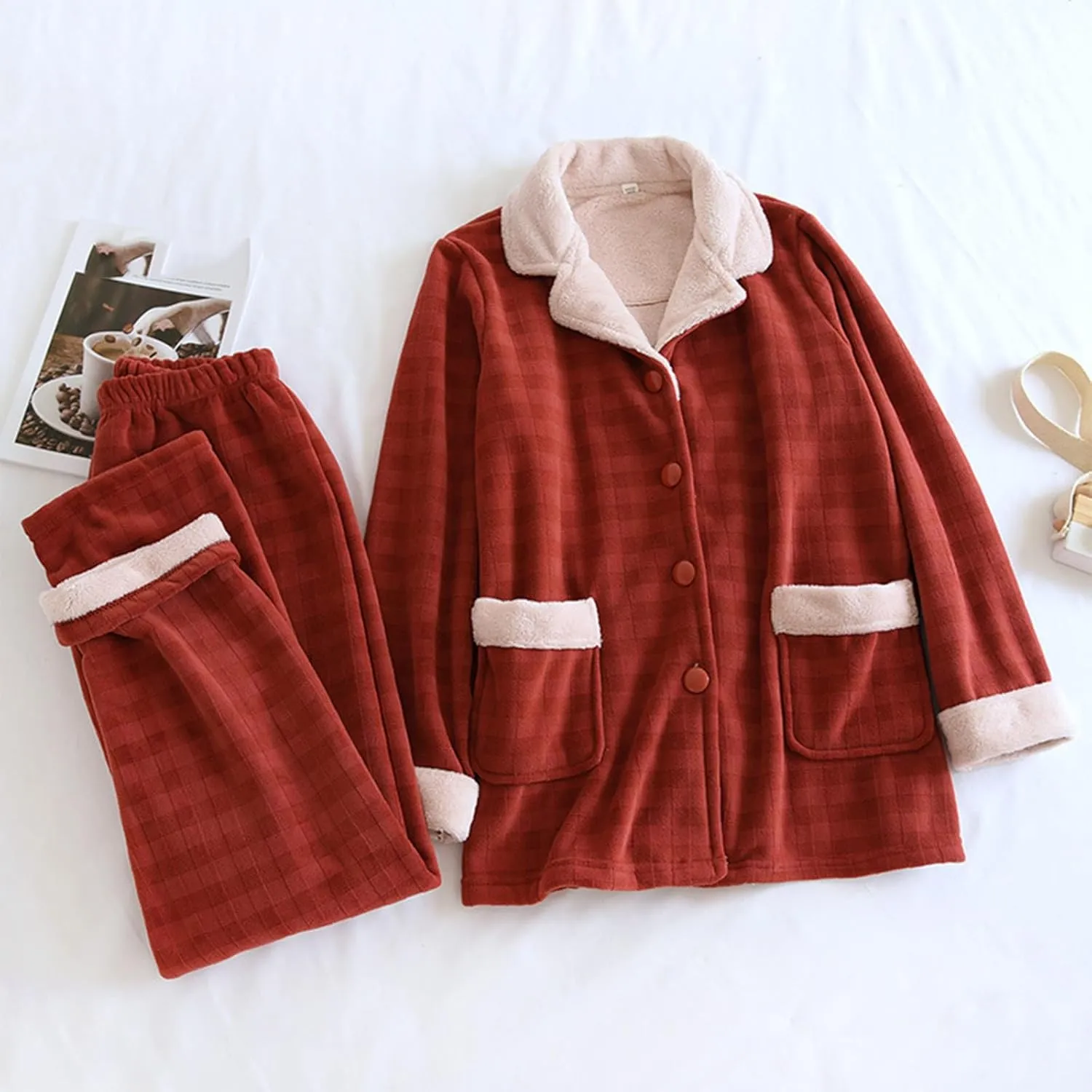 JOAU Women Winter Sherpa Fleece Lined Pajamas Set Lounge Button Down Lapel Pockets Top Pj Pants 2 Piece Loungewear Sleepwear