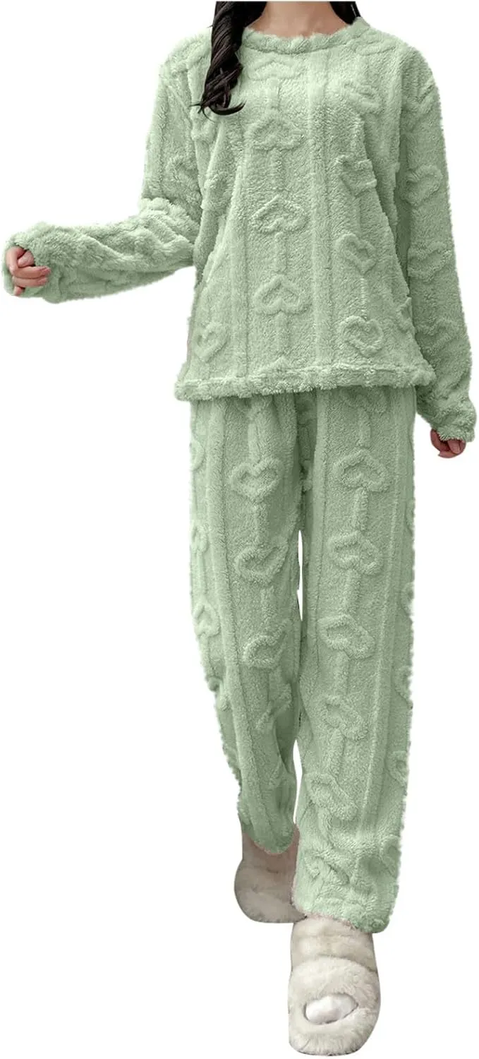 JOAU Women's 2 Piece Fuzzy Fleece Pajama Set Long Sleeve Top Plush Fluffy Pjs Pants Flannel Jacquard Matching Lounge Sets