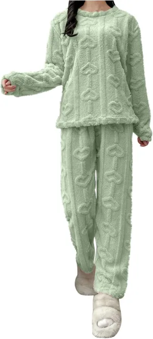 JOAU Women's 2 Piece Fuzzy Fleece Pajama Set Long Sleeve Top Plush Fluffy Pjs Pants Flannel Jacquard Matching Lounge Sets