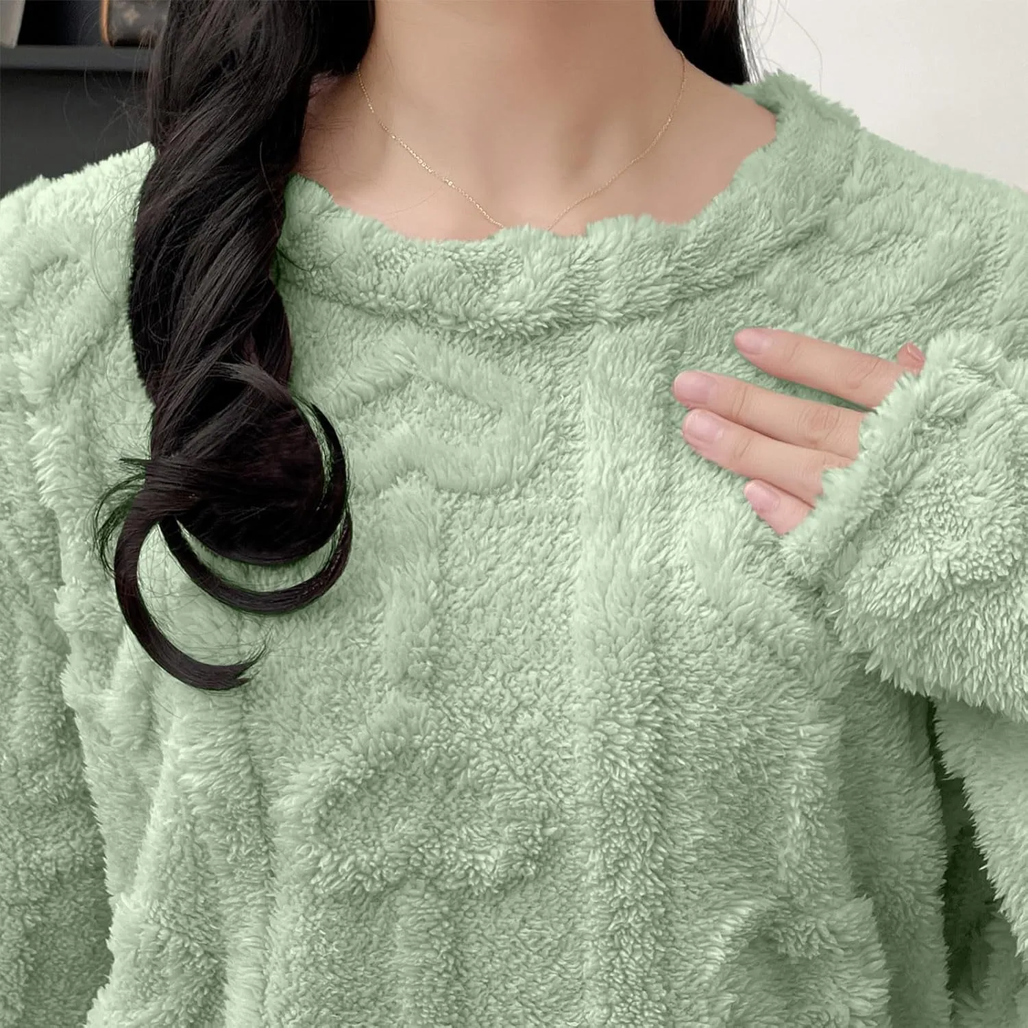 JOAU Women's 2 Piece Fuzzy Fleece Pajama Set Long Sleeve Top Plush Fluffy Pjs Pants Flannel Jacquard Matching Lounge Sets