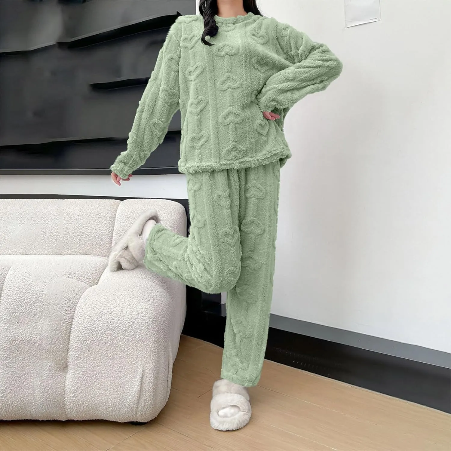 JOAU Women's 2 Piece Fuzzy Fleece Pajama Set Long Sleeve Top Plush Fluffy Pjs Pants Flannel Jacquard Matching Lounge Sets
