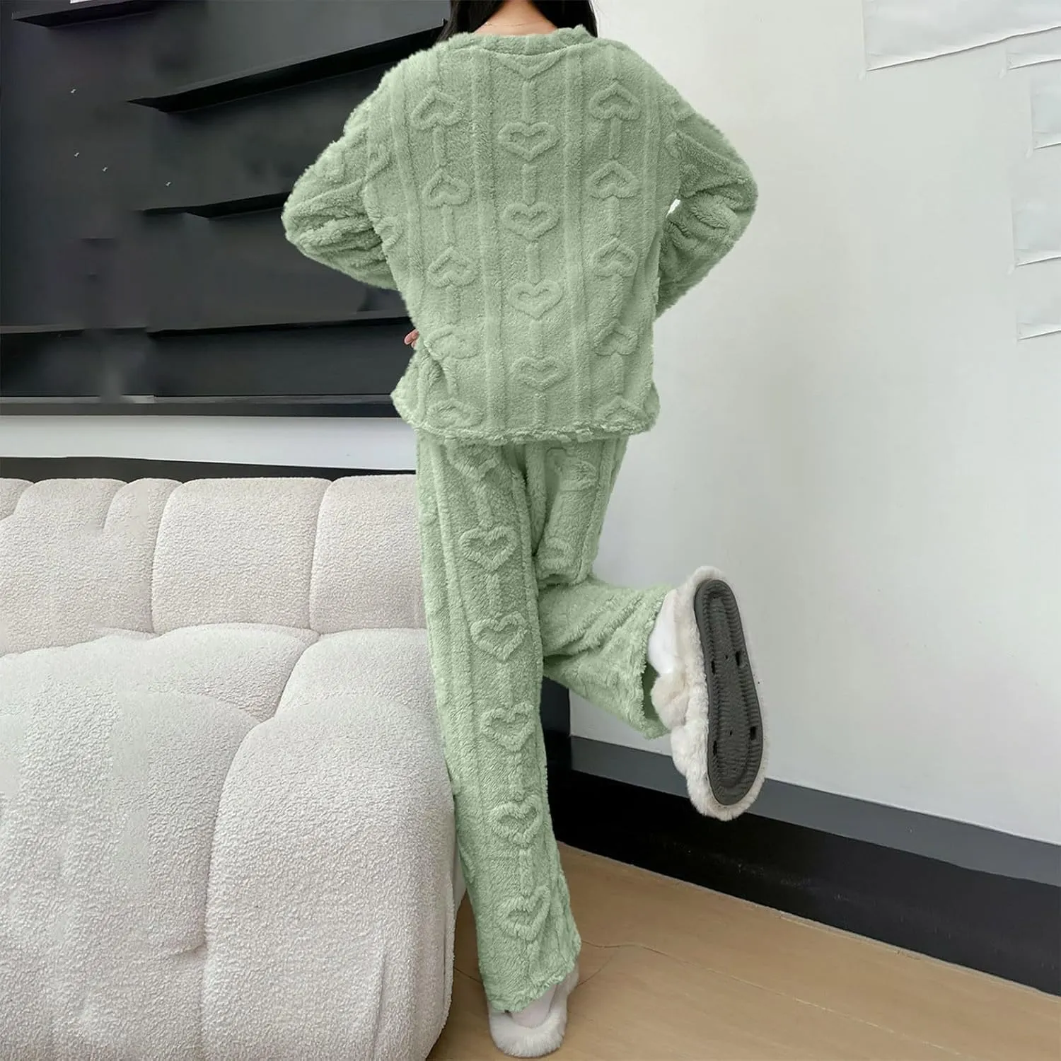 JOAU Women's 2 Piece Fuzzy Fleece Pajama Set Long Sleeve Top Plush Fluffy Pjs Pants Flannel Jacquard Matching Lounge Sets