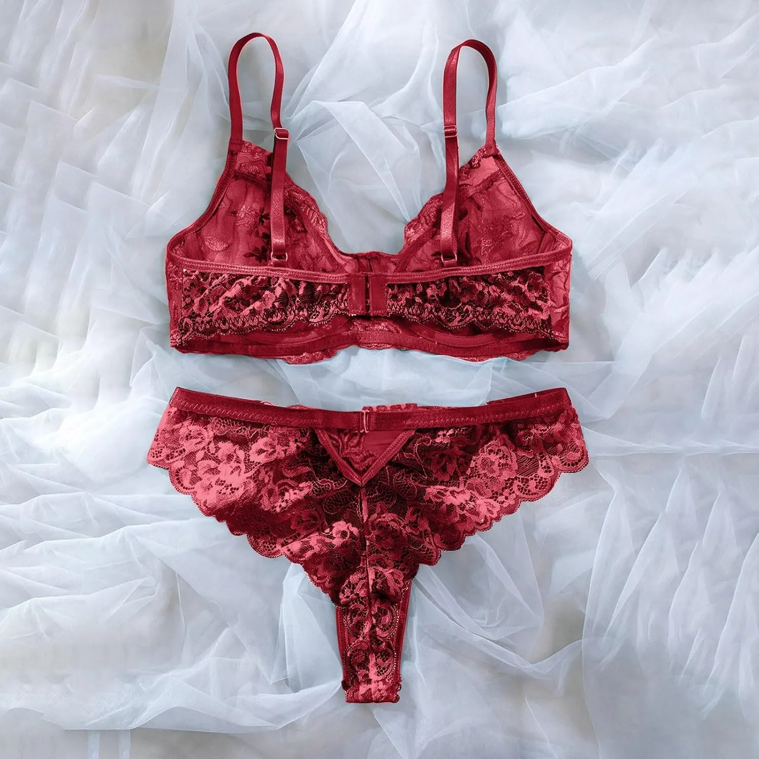 JOAU Women's Sexy Exotic Floral Lace Embroidered 2 Piece Lingerie Set Mesh See Through Bra and Thong Panty Teddy Babydoll