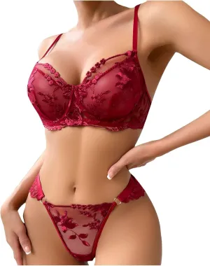 JOAU Women's Sexy Exotic Floral Lace Embroidered 2 Piece Lingerie Set Mesh See Through Bra and Thong Panty Teddy Babydoll