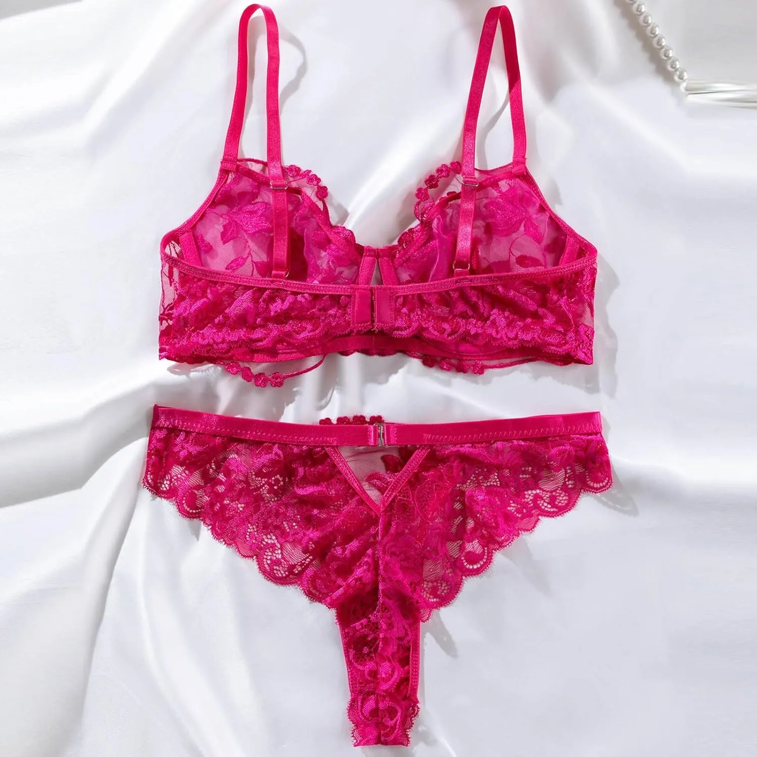 JOAU Women's Sexy Exotic Floral Lace Embroidered 2 Piece Lingerie Set Mesh See Through Bra and Thong Panty Teddy Babydoll
