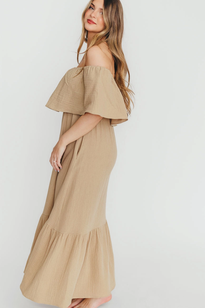 Josie 100% Cotton Maxi Dress in Khaki elegant design