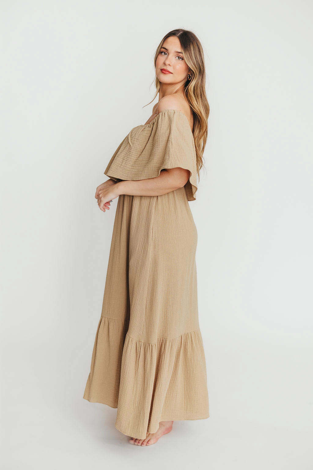 Crystal-Detail Sleeveless Cut Josie 100% Cotton Maxi Dress in Khaki