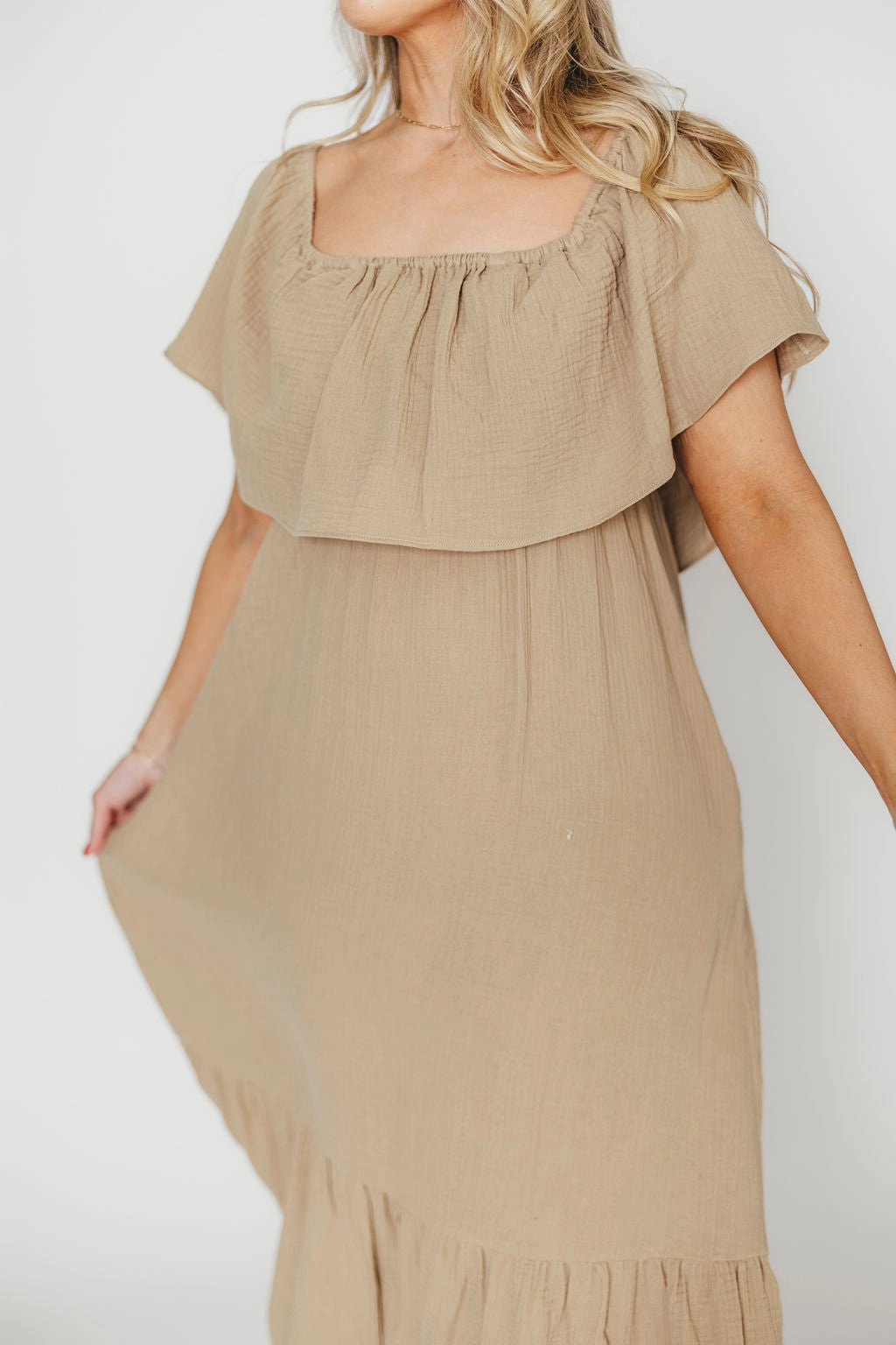 Josie 100% Cotton Maxi Dress in Khaki Tonal-Panel WaterRepellentCoating