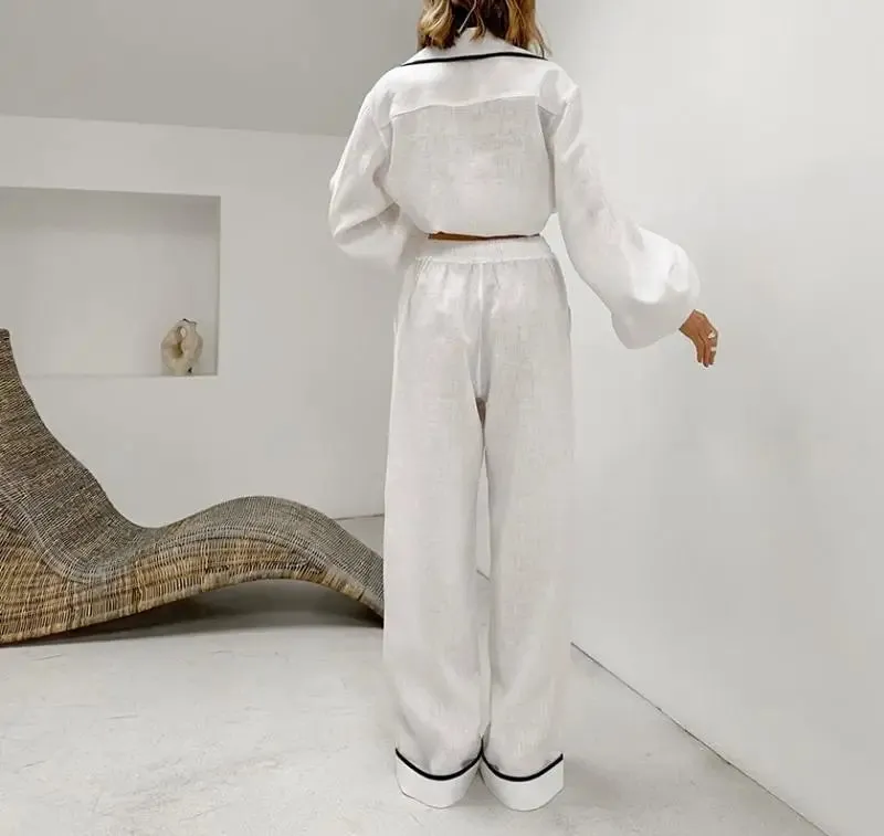 Joskaa Casual Women's Home Pajama Set Autumn New Urban Cotton Hemp Contrast Collar Long Sleeve Wide Leg Pants Set Women's Matching Sets