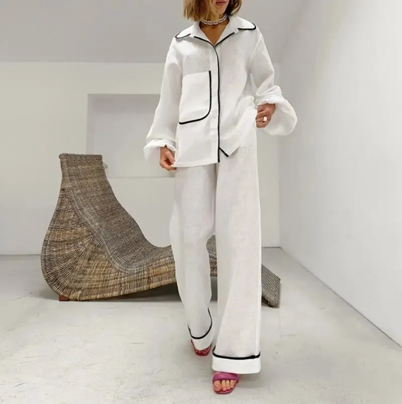 Joskaa Casual Women's Home Pajama Set Autumn New Urban Cotton Hemp Contrast Collar Long Sleeve Wide Leg Pants Set Women's Matching Sets
