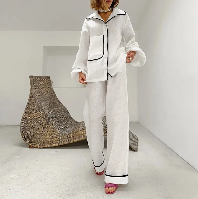 Joskaa Casual Women's Home Pajama Set Autumn New Urban Cotton Hemp Contrast Collar Long Sleeve Wide Leg Pants Set Women's Matching Sets
