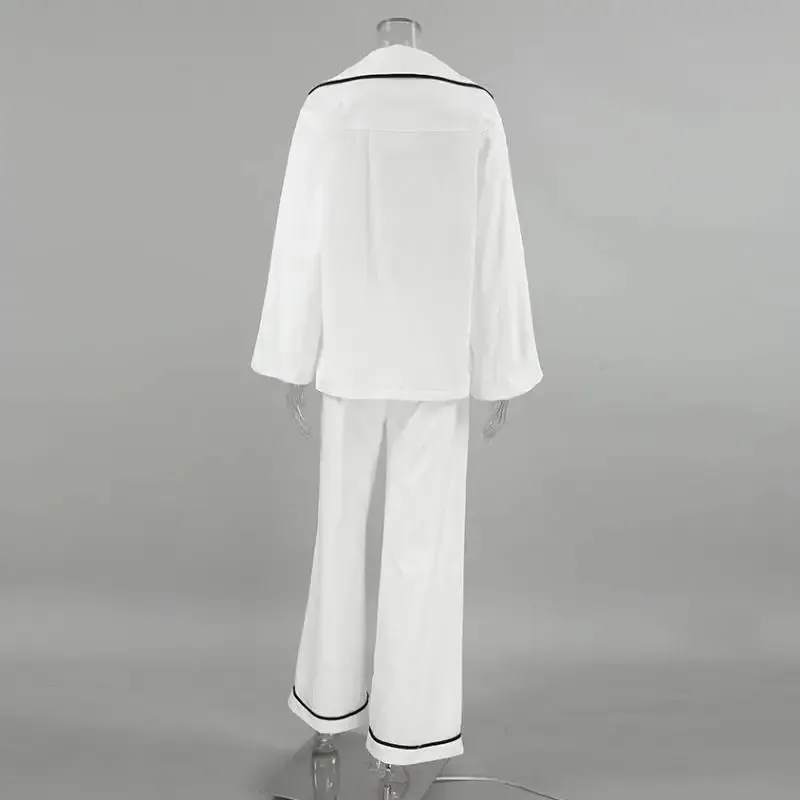 Joskaa Casual Women's Home Pajama Set Autumn New Urban Cotton Hemp Contrast Collar Long Sleeve Wide Leg Pants Set Women's Matching Sets