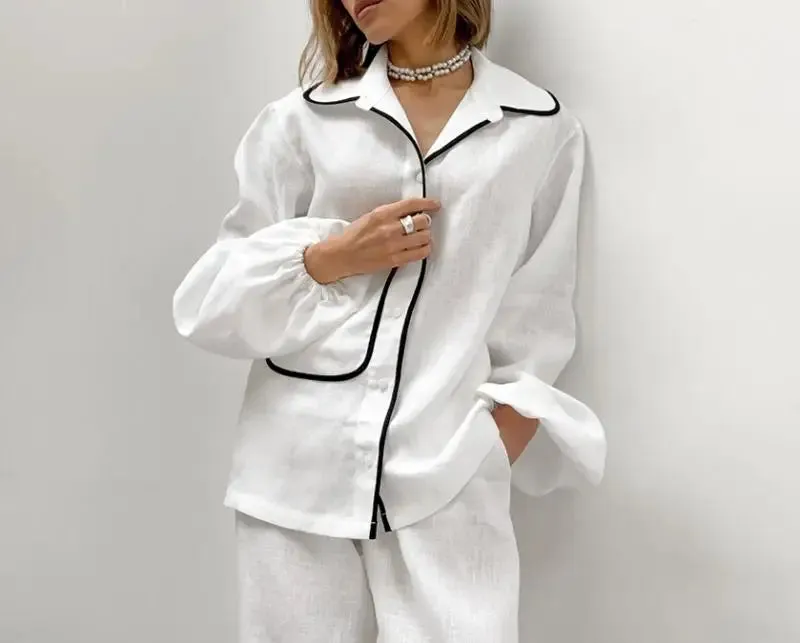 Joskaa Casual Women's Home Pajama Set Autumn New Urban Cotton Hemp Contrast Collar Long Sleeve Wide Leg Pants Set Women's Matching Sets