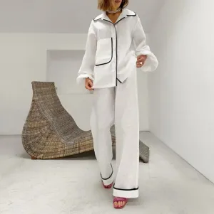 Joskaa Casual Women's Home Pajama Set Autumn New Urban Cotton Hemp Contrast Collar Long Sleeve Wide Leg Pants Set Women's Matching Sets