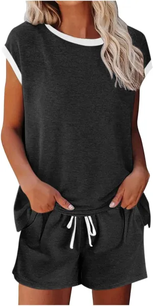 jsaierl Two Piece Outfits for Women Lounge Sets Cap Sleeve Top and Drawstring Shorts 2025 Summer Soft Pajamas Matching Set