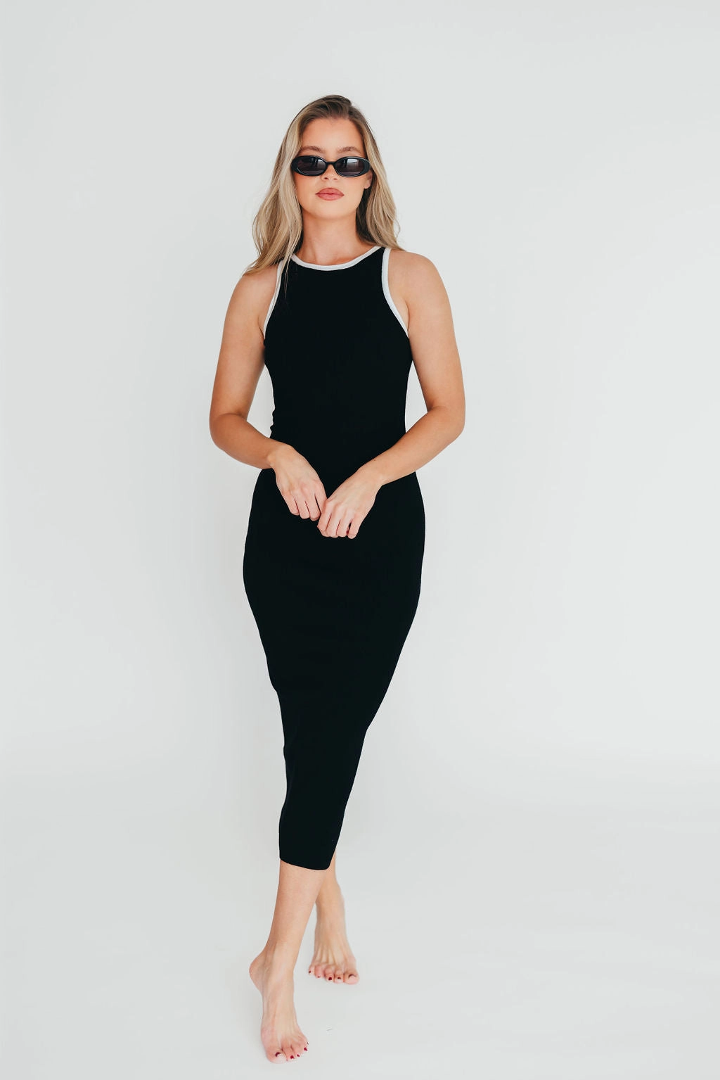 Juliana Contrast Racerback Tank Dress in Black/White Smooth Vibes Comfortable shift dress