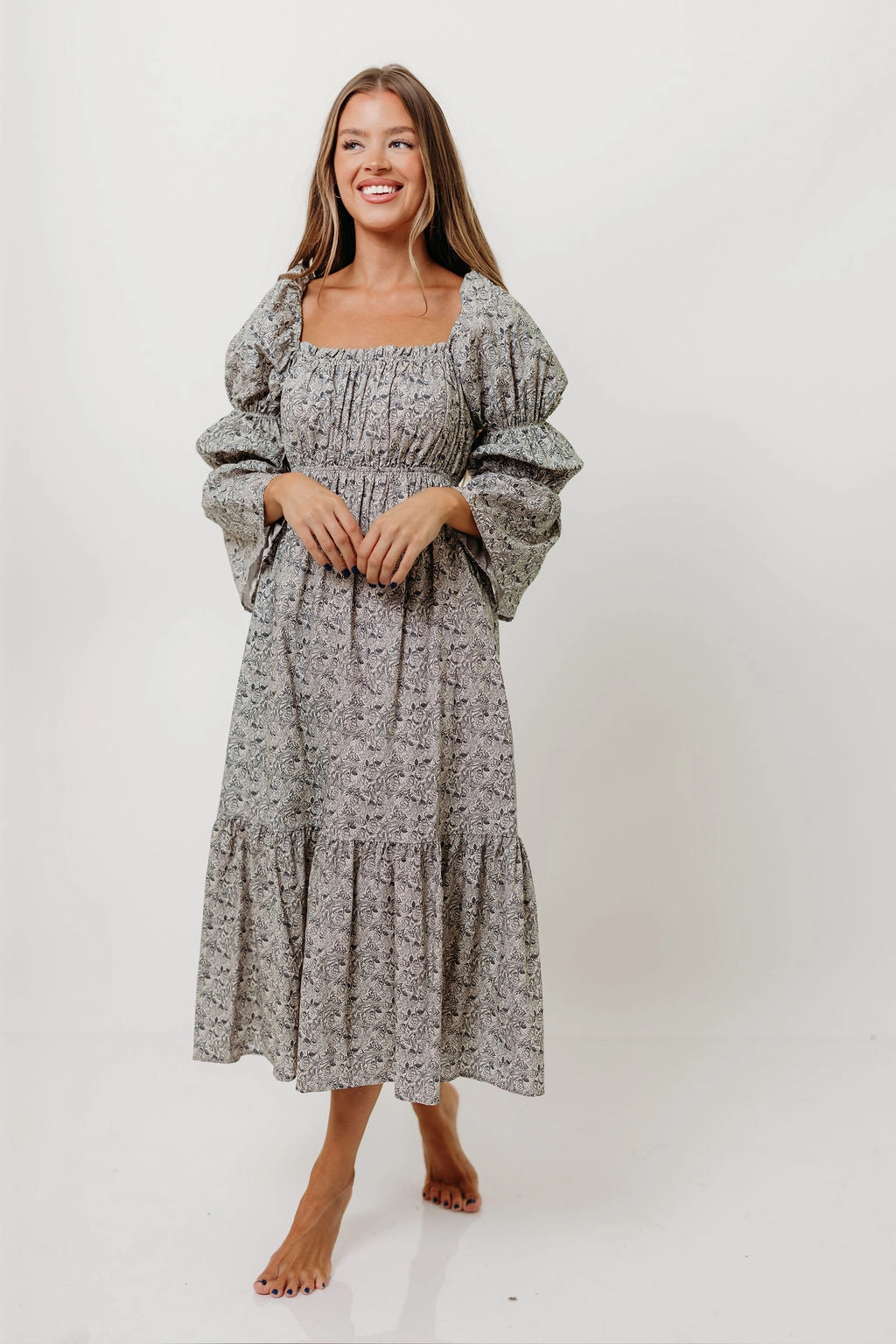 Timeless Fit Julianna 100% Cotton Floral Print Tiered Midi Dress in Cream/Dark Navy