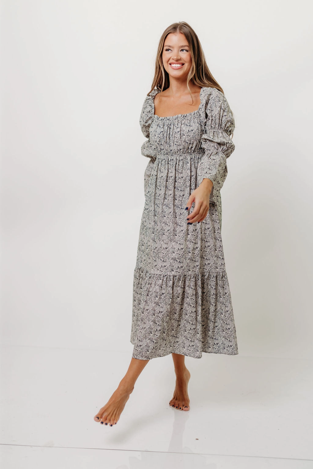 Julianna 100% Cotton Floral Print Tiered Midi Dress in Cream/Dark Navy Easy Layering Piece Trendy Tailoring