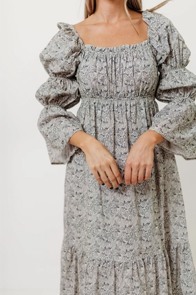 Event Perfect Julianna 100% Cotton Floral Print Tiered Midi Dress in Cream/Dark Navy