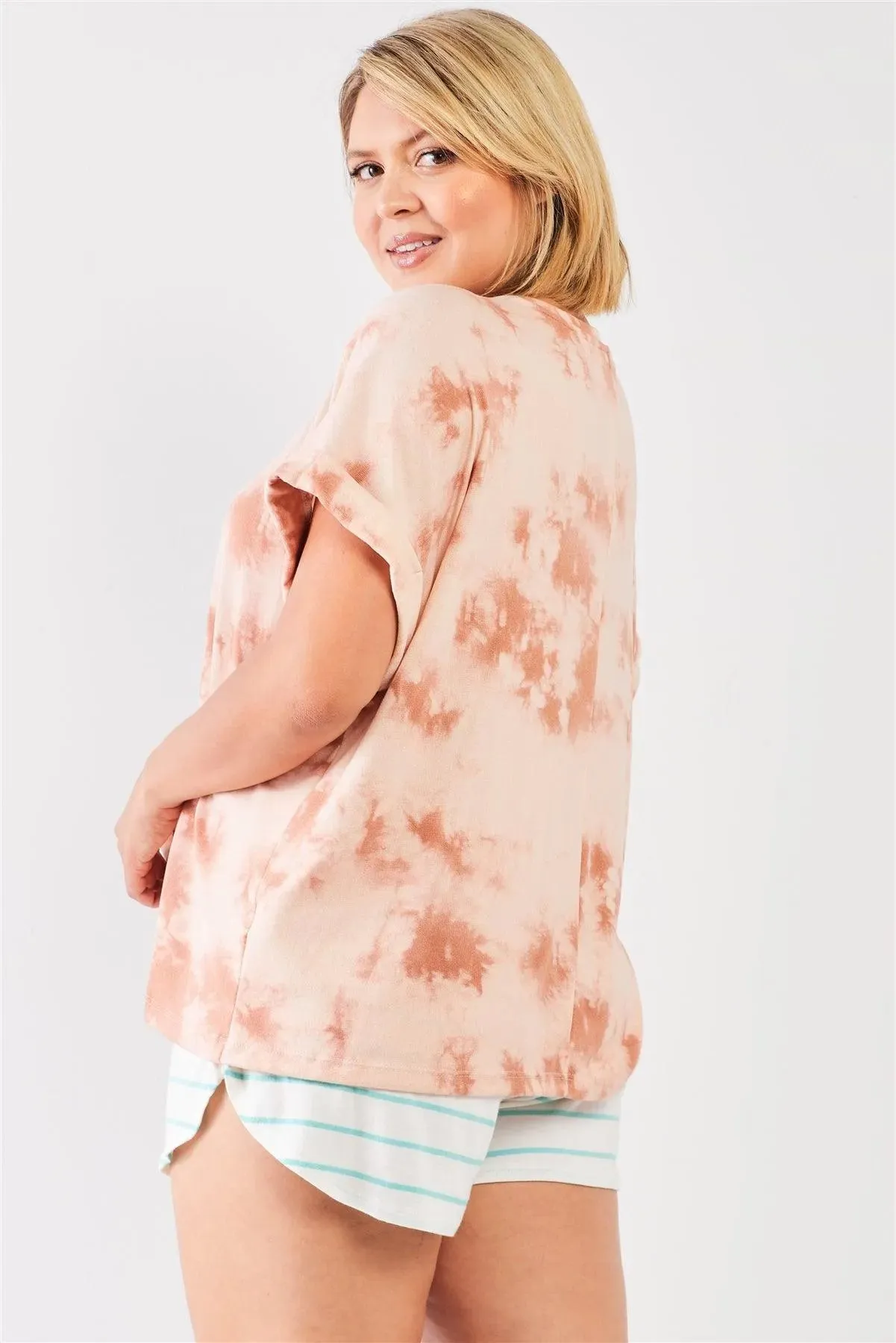 Junior Plus Light Marsala Tie-Die Crew Neck Short Folded Sleeve Top /1-2-1