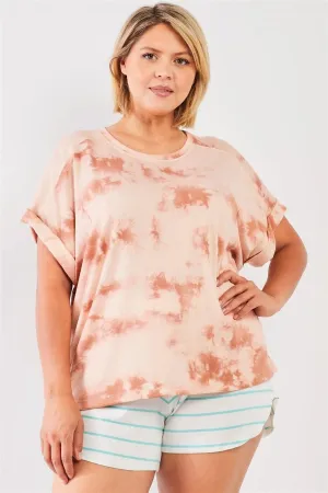 Junior Plus Light Marsala Tie-Die Crew Neck Short Folded Sleeve Top /1-2-1