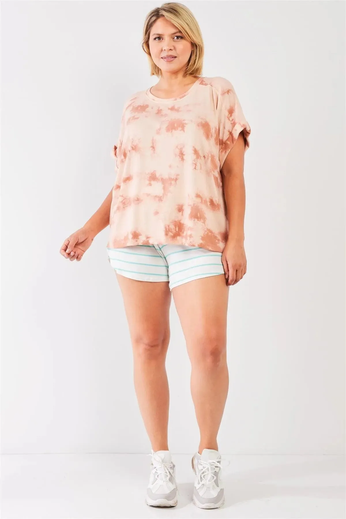 Junior Plus Light Marsala Tie-Die Crew Neck Short Folded Sleeve Top /1-2-1