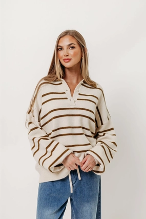 BreathableMeshPanels Juno Collared Sweater in Ivory Olive Stripe (Sign up for Restocks)
