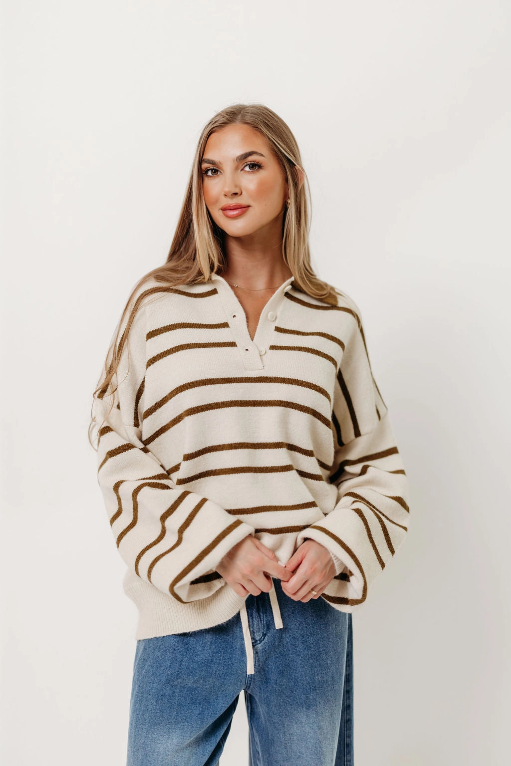 BreathableMeshPanels Juno Collared Sweater in Ivory Olive Stripe (Sign up for Restocks)