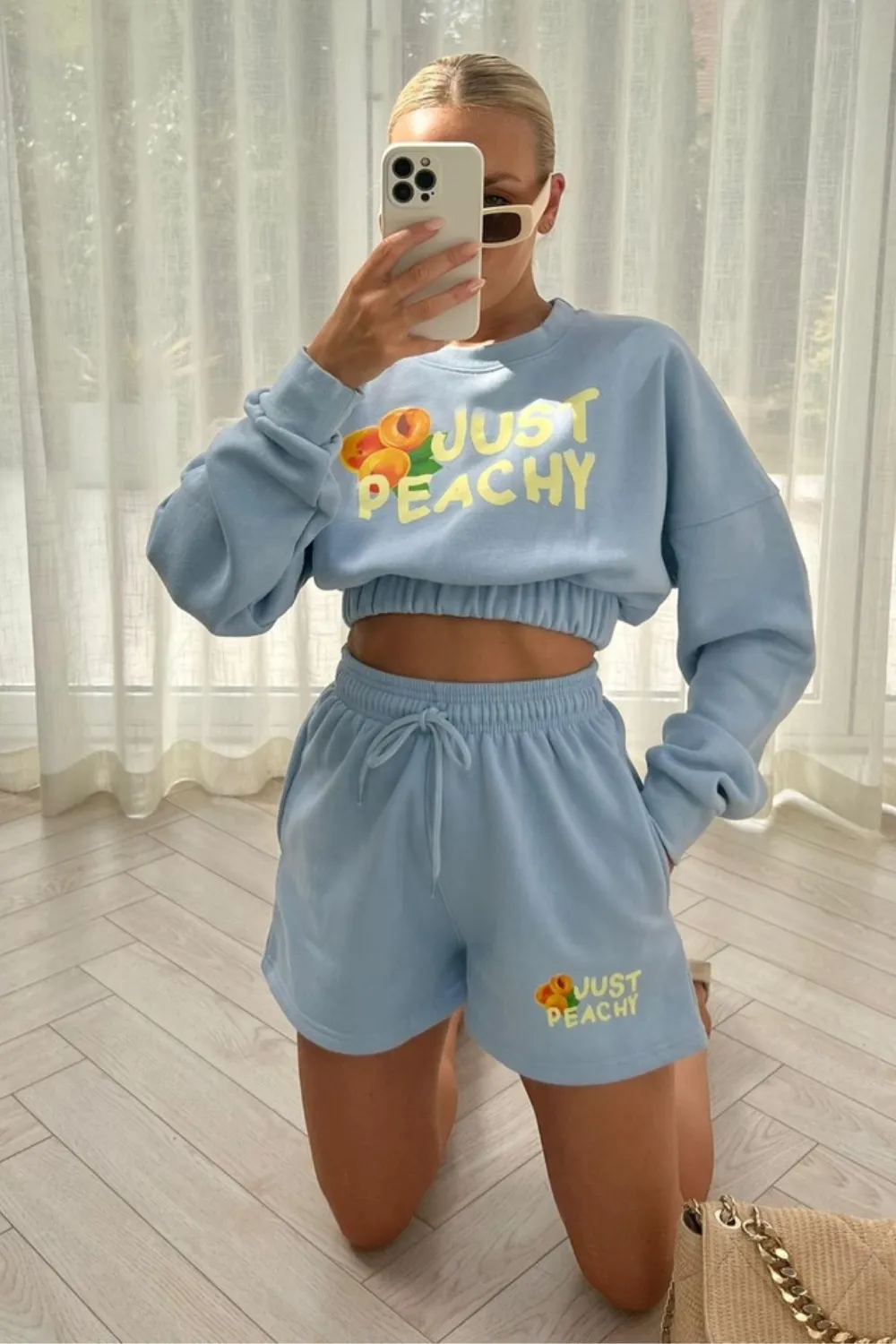 just peachy baby blue cropped  short loungewear set