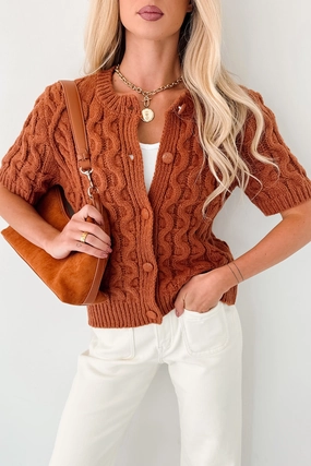 Just Being Modest Short Sleeve Button-Up Sweater (Brick) FrictionResistant Edges