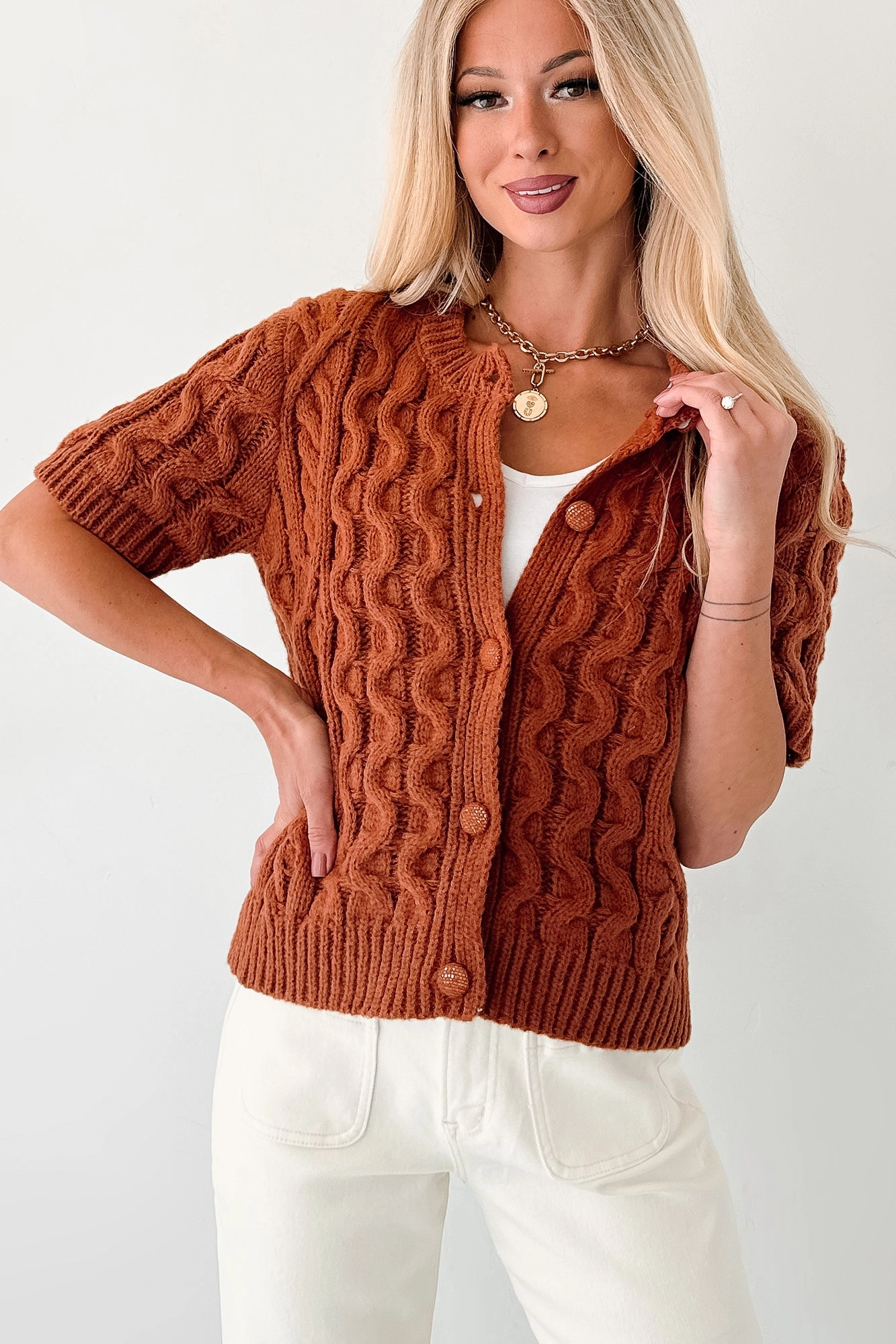 Just Being Modest Short Sleeve Button-Up Sweater (Brick) Reinforced Hem
