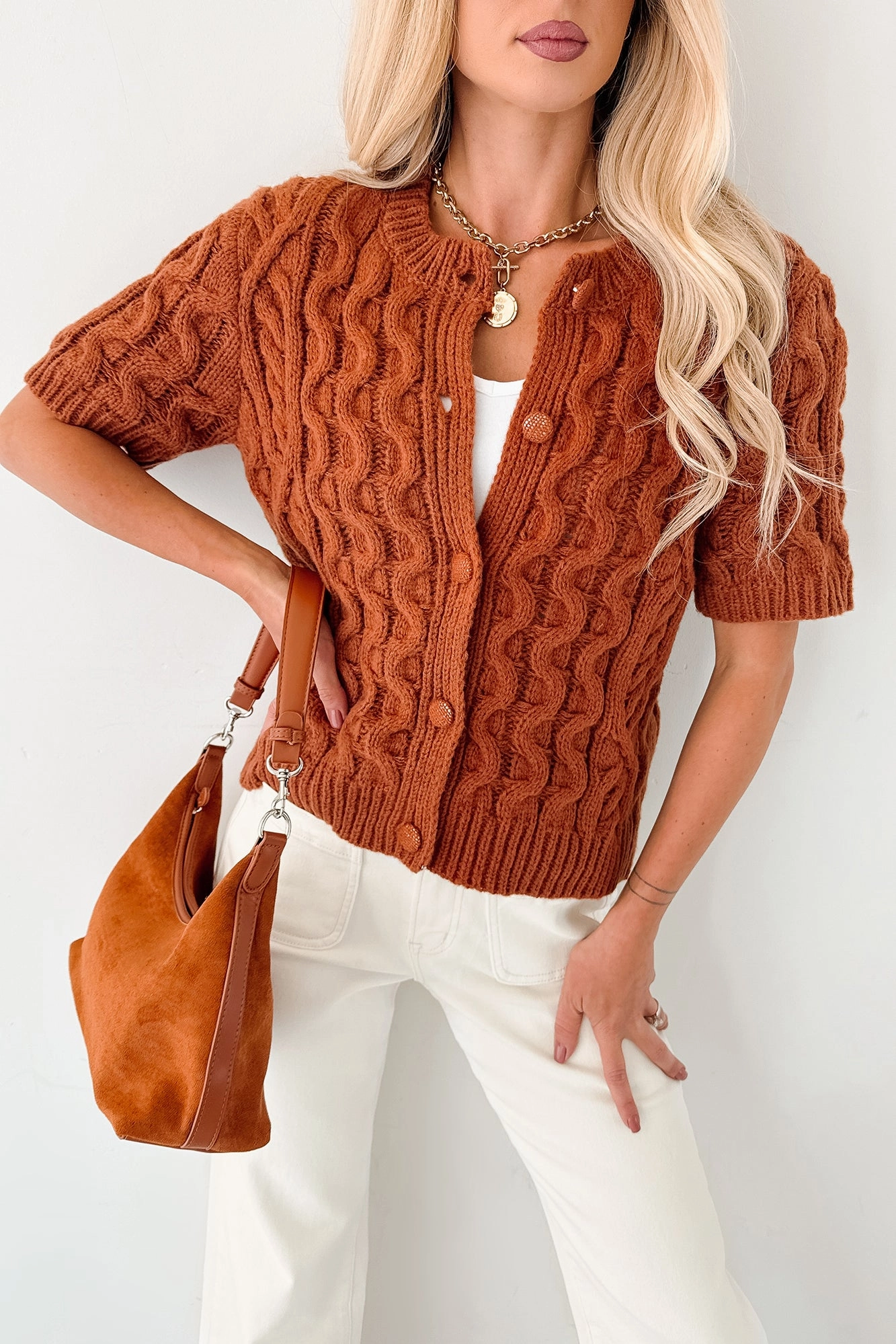 Ribbed Collar Style Reflective details Just Being Modest Short Sleeve Button-Up Sweater (Brick)