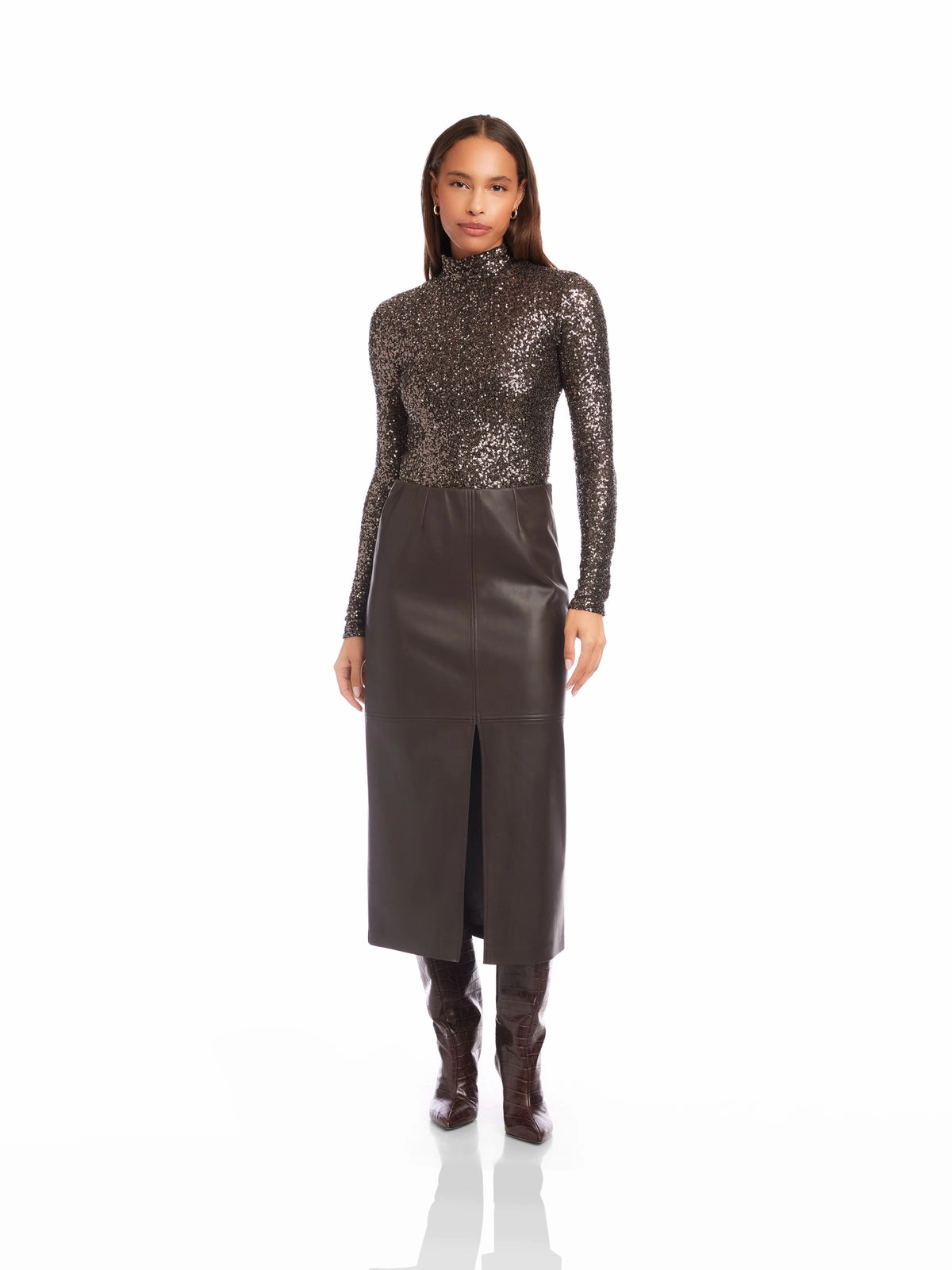 Kaia Faux Leather Midi Skirt in Brown Cashmere Touch Anti Static Lining