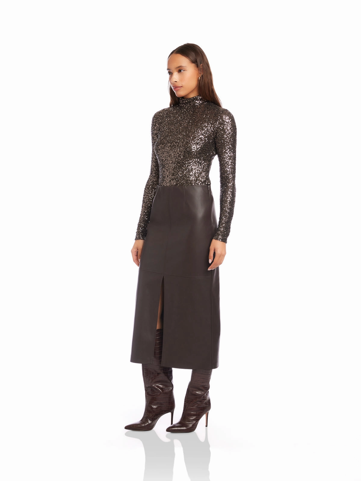 Kaia Faux Leather Midi Skirt in Brown Cashmere Touch Business Meeting