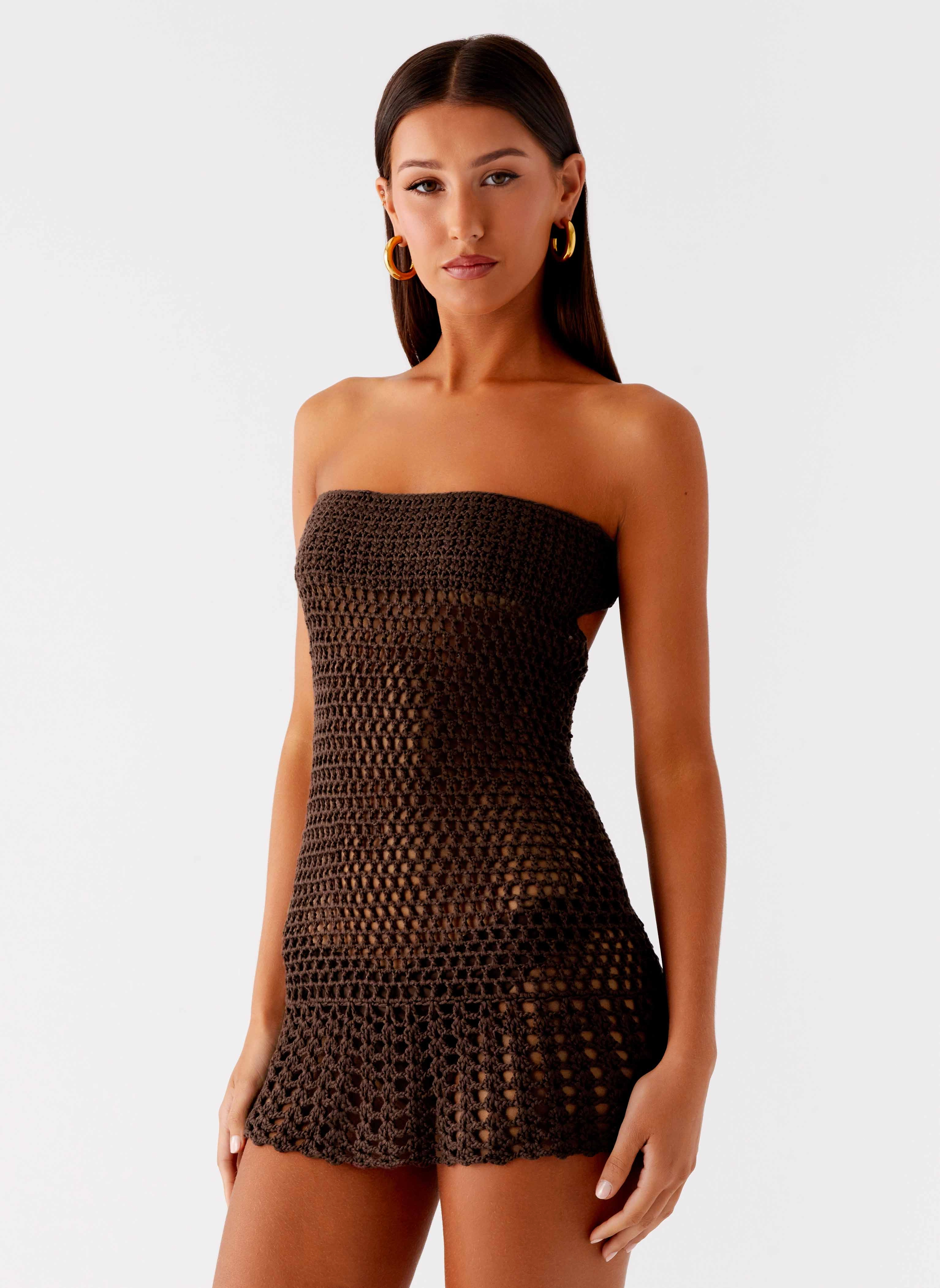 Drape Wave Kaiane Strapless Crochet Mini Dress - Chocolate
