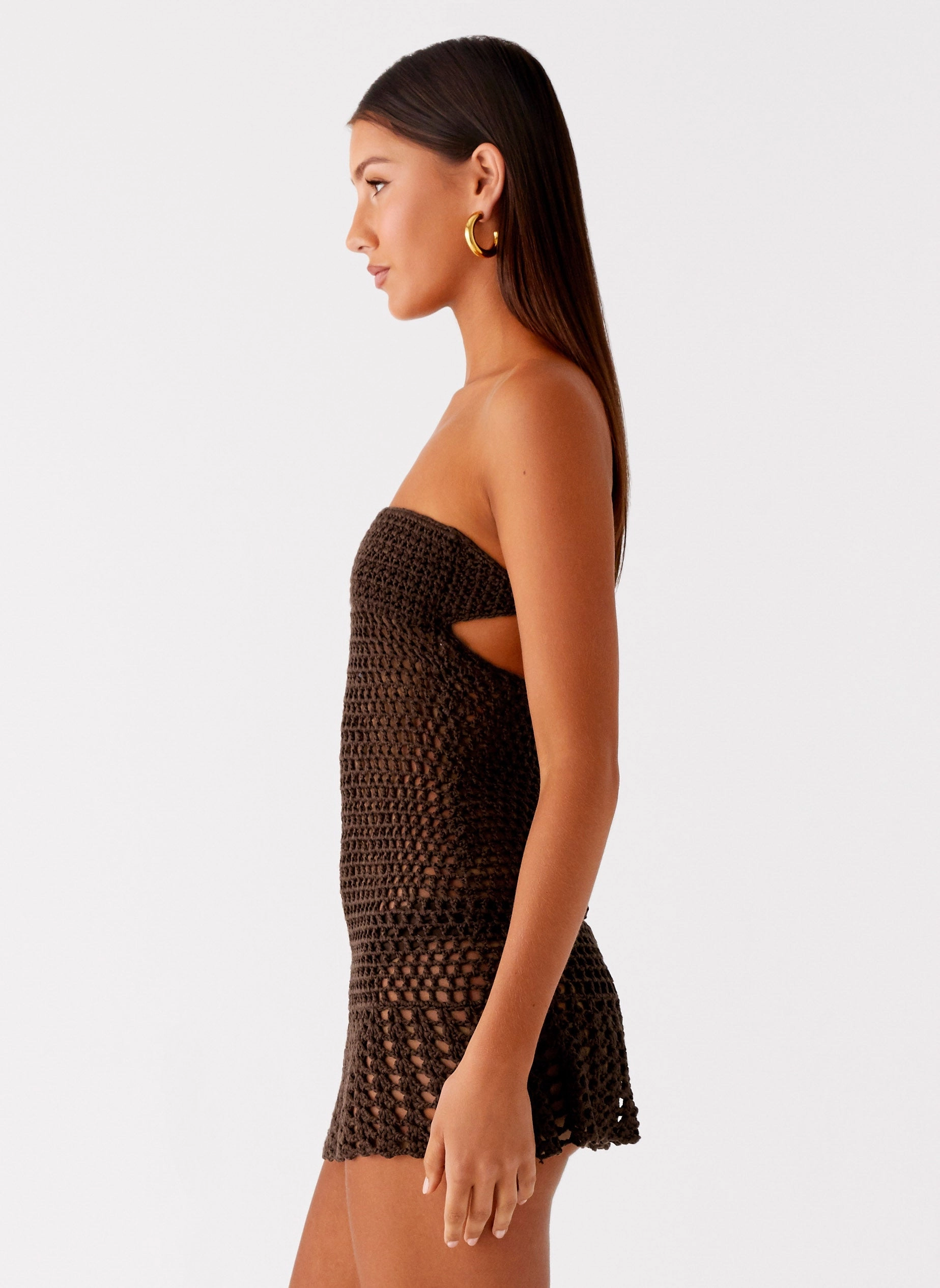 Kaiane Strapless Crochet Mini Dress - Chocolate Winter Wrap