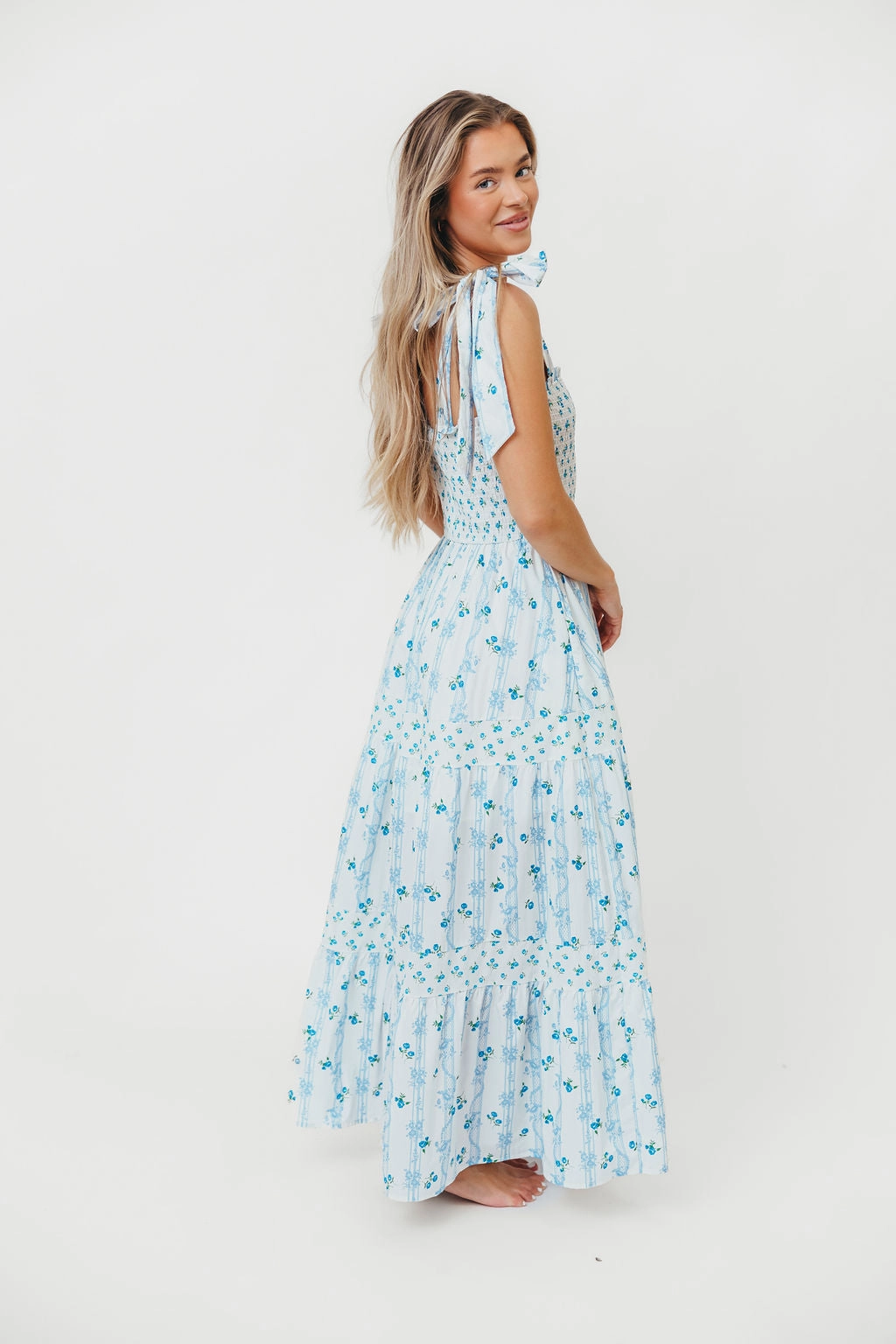 Modern Layers Sleek Motion Kathryn Tie Shoulder Maxi Dress in Ivory/Blue Floral *Final-Sale*
