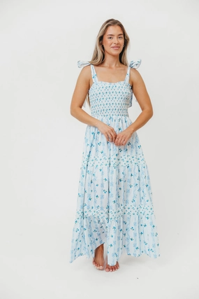Sophisticated Line Chic Waist Kathryn Tie Shoulder Maxi Dress in Ivory/Blue Floral *Final-Sale*