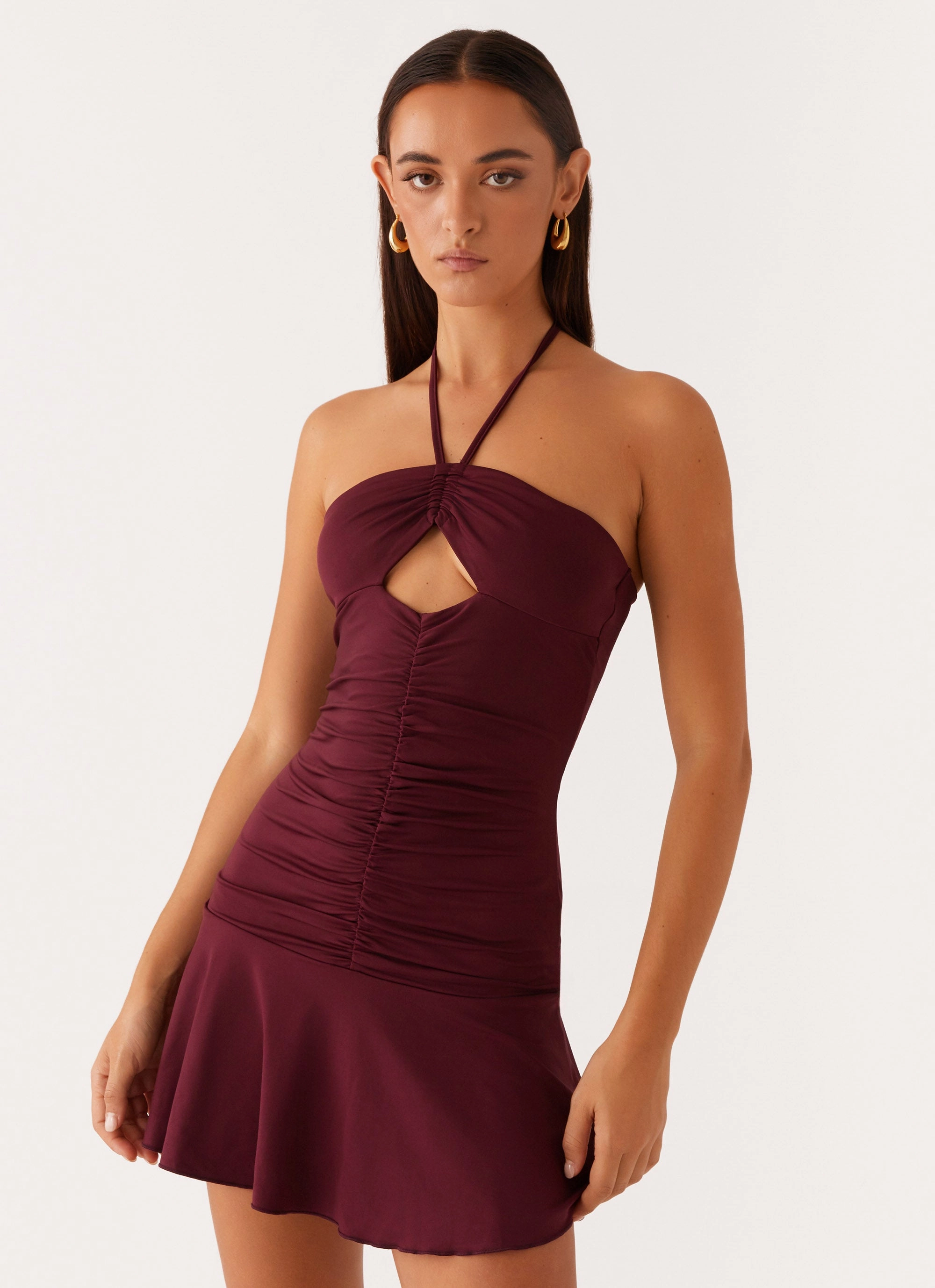 Katrina Halterneck Mini Dress - Deep Maroon Neutral Layer