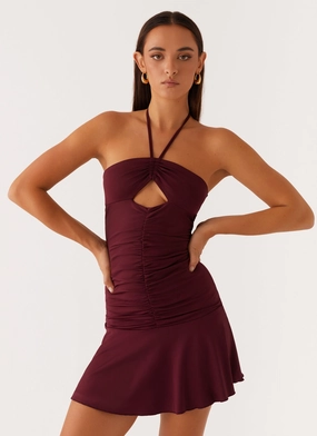 Katrina Halterneck Mini Dress - Deep Maroon Sleek Appearance Perfect for Layering