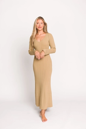Festive Wear Keaton Knit Maxi Dress with V-Neckline in Beige