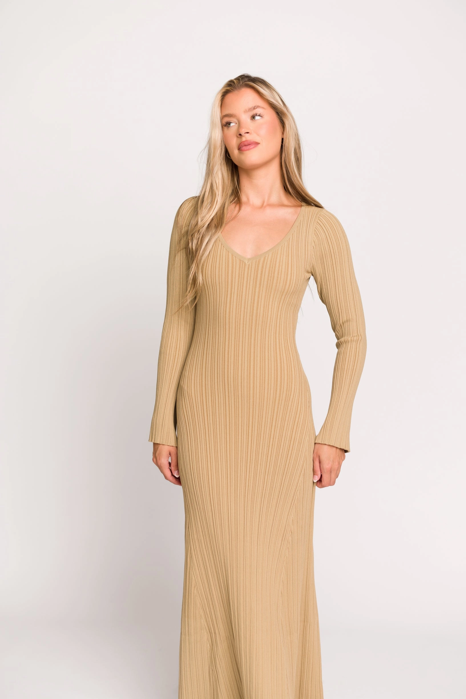 Keaton Knit Maxi Dress with V-Neckline in Beige Trend Detail Smart and Stylish