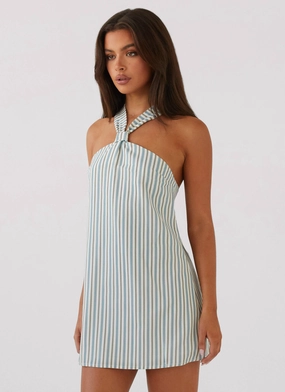 Keira Linen Mini Dress - Blue Choc Stripe Silky Mood elegant design